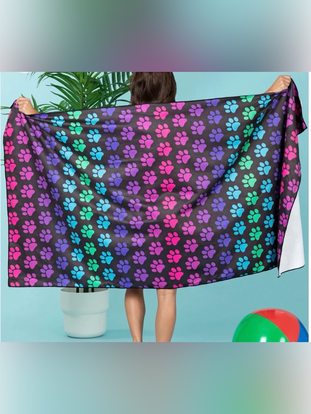 Black and Neon Pawprints Microfiber Beach Towel With Drawstring Carry Bag